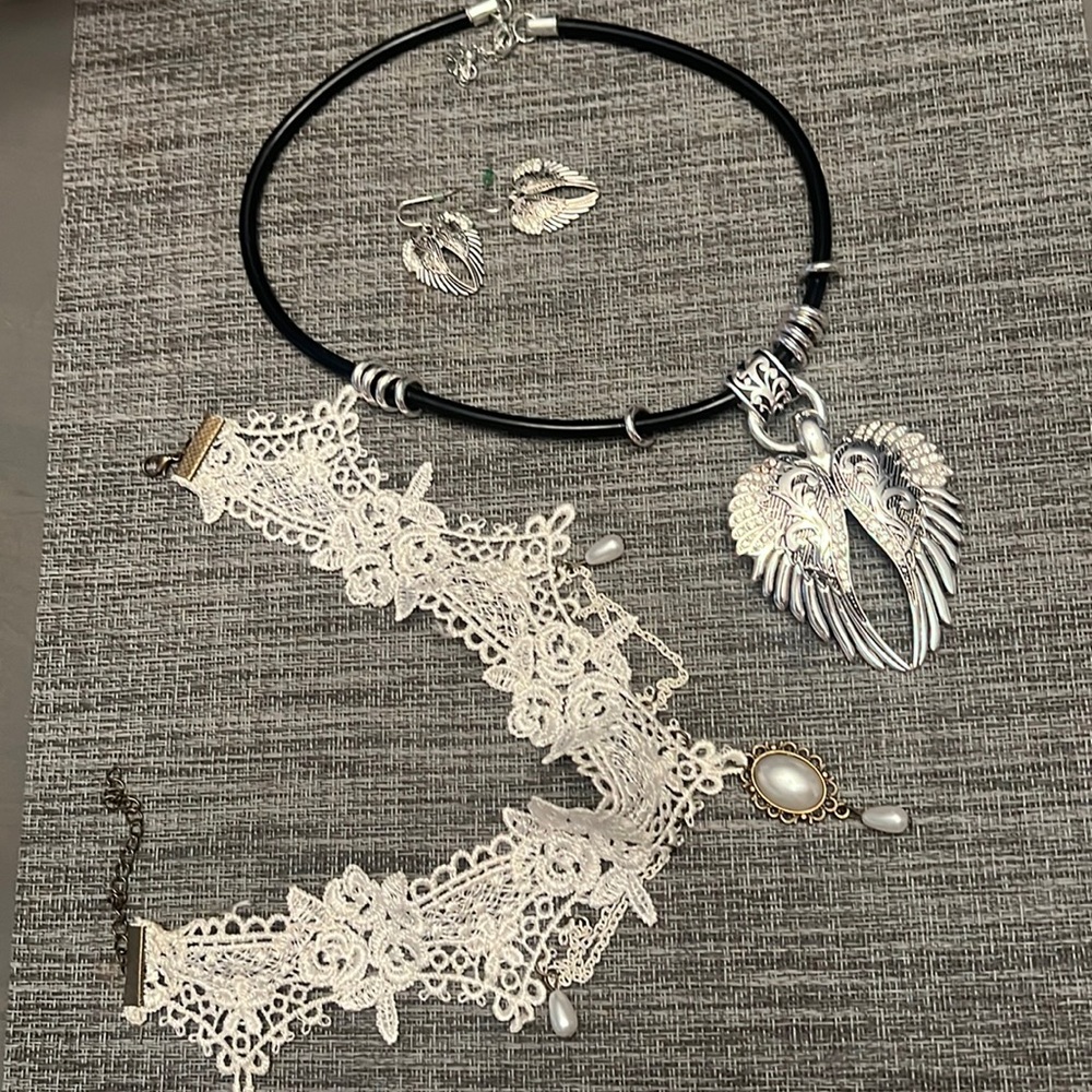White Lace Choker and Angel Wings Necklace/Earrings set